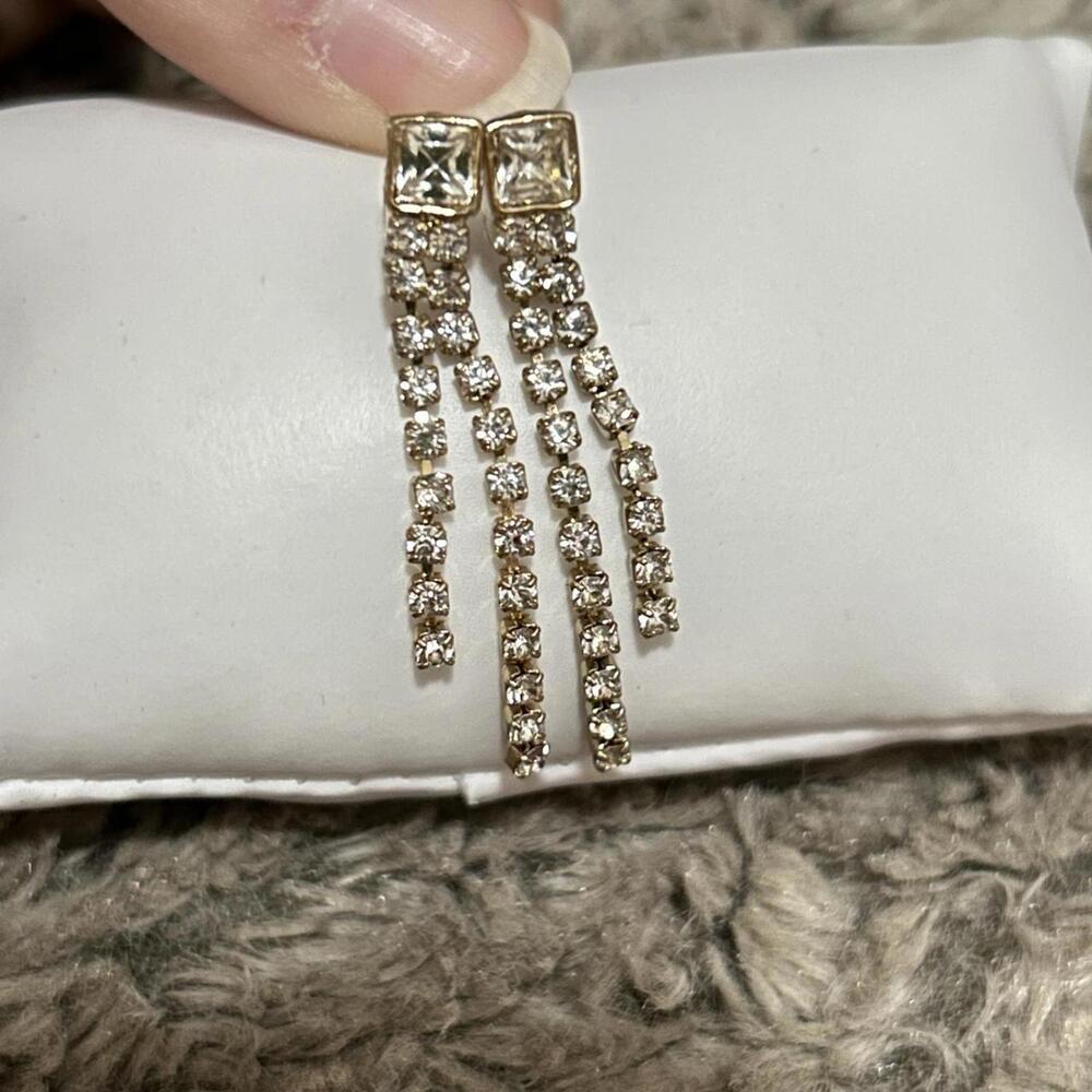 Vintage Small Gold Tone Rhinestone Crystal Jeweled Dangle Drop Post Earrings